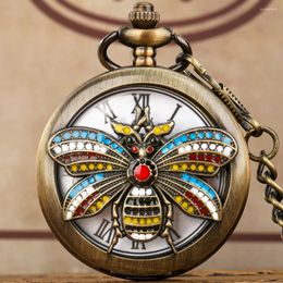 Pocket Watches Vintage Honey Bee Colourful Glue Dropping Quartz Analogue Watch Bronze Charm Pendant Necklace Roman Numeral Dial