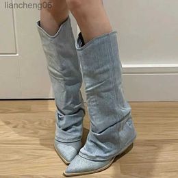 Boots Pleats Blue Denim Thigh High Boots for Women 2023 Autumn Thick Heeled Pointed Toe Cowboy Boots Woman Slip On Western Long BootsL231025