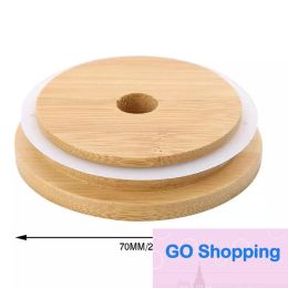 Top Bamboo Cap Lids 70mm 88mm Reusable Bamboo Mason Jar Lids with Straw Hole and Silicone Seal
