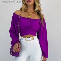 Women's Blouses Shirts Women Elegant Boho Print Blouse Casual Long Lantern Sleeve Off Shoulder Slim Shirt Female Chic Cropped Top Summer Tunics T231025