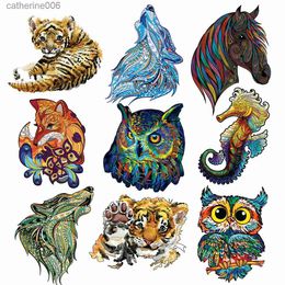 Puzzles Exquisite Wooden Animal Jigsaw Puzzles Irregular Shape 3D Puzzle Colorful Owl Hippocampus Fox Intellectual Toy For Kids AdultsL231025