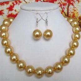 10mm Natural Yellow Round South Sea Shell Pearl Necklace 18'' Earrings Set296C