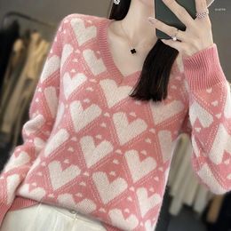 Women's Sweaters Autumn Winter Cashmere Sweater Knitted V-Neck Pullover Fashion Contrast Color Love Pure Wool Underlay