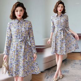 Casual Dresses Women Midi Shirt Dress 2023 Fashion Full Sleeve Belt Stylish Prints Feminino Vestidos