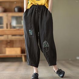 Women's Pants Women Solid Embroidery Black Loose High Waist Pockets Drawstring Spring Summer Style Soft Thin