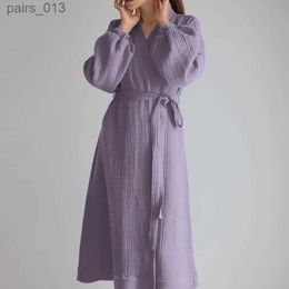 Basic Casual Dresses Muslin 100% Cotton Maxi Dress For Women Sexy V-Neck Long Sleeve Spring Autumn Bandage Lace Up Sundress Robe Vestido YQ231025