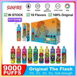 New SUNFIRE 9000puffs 9k Puff Disposable Ecigarettes 0% 2% 3% 5% 600mah Battery Mesh Coil Rechargeable RGB Light Vape 18ml 9000 puf pufs 9000puffs 7000 12k puffs vapers EU