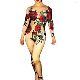 Stage Wear Skinny Stretch Women Bodysuits Red Rose Pattern Print Bling Diamonds Jumpsuit Nightclub Costumes Dance Show