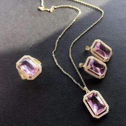Necklace Earrings Set Lihua Colour Jewel Rose Pink Crystal Ring Plated 18K Exquisite Rectangular Opening Super Fairy Food