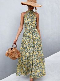 Casual Dresses Bohemia Floral Print Sleeveless Maxi Dress For Women Elegant Halter Sashes Ruffles Party 2023 Summer Holiday Vintage