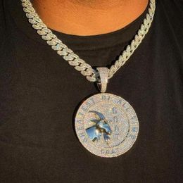 Chains Bling Iced Out Full Diamond Rock Punk Jewellery Micro Paved Big Heavy Cuban Chain Hip Hop Men's Goat Shape Round Pendant3093