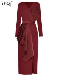 Basic Casual Dresses IEQJ V neck Long Sleeved Pleated Ruffled Hem For Women Professional Spliced Bow Bottom Dress 2023 Clothing 3WQ8290 231025