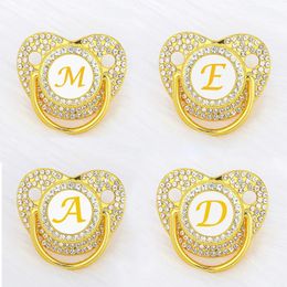Other Baby Feeding Gold Zircon born Pacifier with Lid Name Initials Personalised Pacifiers for Babies Silicone Infant Dummy Shower Gift 231025