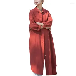 Women's Blouses Cotton Linen Long Sleeve White Shirt Loose Cardiga Casual Dress Singe Breated Korean Style Fashion Mid-calf Coat