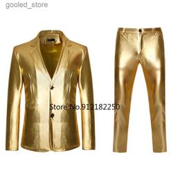 Men's Suits Blazers Men's Shiny Gold 2 Pieces Suits (Blazer+Pants) Terno Masculino Fashion Party DJ Club Dress Tuxedo Suit Men Stage Singer Clothes Q231025