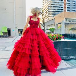 Red Ruffles Tiere Prom Dresses Spaghetti Stra Ball Gown Formal Party Gown Multilayer Sweetheart Princess Vestidos Gala Novia