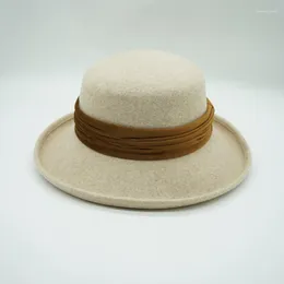 Береты в винтажном стиле, бежевая женская шерстяная шляпа с откидными полями и лентой, клош-федора, женские зимние шапки с воздуходувкой