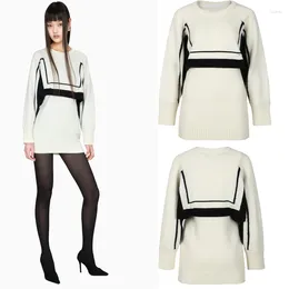 Women's Sweaters Korean Trendy Brand Black And White Contrast Patchwork Knit Waist-covering Hip Slim Dress Body Suit