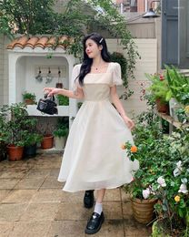 Casual Dresses Korea White Wedding Party Women Dress Sweet Princess Square Collar Puff Sleeve A Line Gentle Pearl Beading Kawaii Vestido