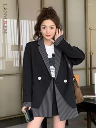 Women's Suits LANMREM Patchwork Striped Blazer Coat For Women Single Button Long Sleeves Designer Coats Fashion 2023 Autumn 2YA3638