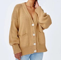 Women's Knits Puloru Casual Women Knitted Cardigans Outwear Spring Autumn Solid Colour Long Sleeve V-neck Loose Sweaters Coats Plus Size