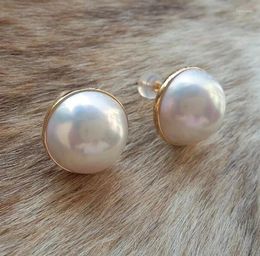 Stud Earrings One Pair White South Sea Mabe Pearl Coin 18k/s925 15-16mm Wholesale Beads FPPJ