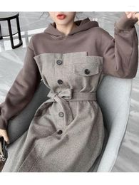 Casual Dresses Stitching Clothes Female 2023 Autumn Hooded Sweater Dress Fashion Temperament Velvet Thick Medium Length Women's Gown