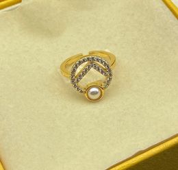 New utumn Letter Inlaid Rhinestone Pearl Grace Simple French Single Layer Design Adjustable Opening Ring