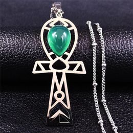 Egyptian Cross Stainless Steel Green Stone Charm Necklace For Women Silver Colour Jewellery Collier Femme NXS04 Pendant Necklaces234H