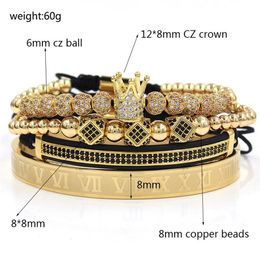 4pcs set Gold Black Hip Hop Hand Made Beaded Bracelet Men Copper Pave CZ Zircon Crown Roman Numeral Bangles Bracelets Jewelry 20 s244i