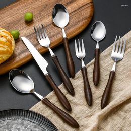 Dinnerware Sets Retro Wooden Handle Cutlery Kitchen Stainless Steel Knife Fork Spoons Silver Color Luxury Tableware Utensils Accessories