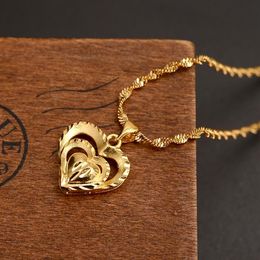heart linked to heart Double many Heart Pendant Necklaces Romantic Jewellery 4k Yellow Fine Gold Womens Wedding gift Girlfriend Wife339U