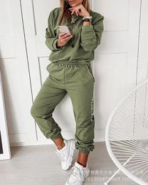 Women's Two Piece Pants Women Tracksuit Corduroy Solid Color Round Neck Sweatpants Set Autumn Casual Female Sweatshirt Suit Office Lady