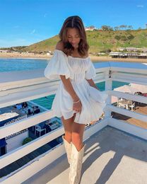 Casual Dresses Women Summer Dress Fashion Sexy Solid Color Elegant Short Puff Sleeve Off-shoulder Tunic Brown/White