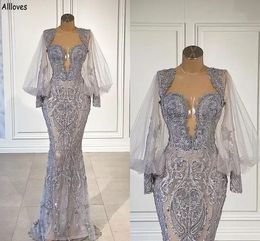 Grey Illusion Long Sleeves Mermaid Evening Dresses Delicate Lace Appliques Sweetheart Aso Ebi Formal Party Gowns See Through Sexy Second Reception Dress CL2815