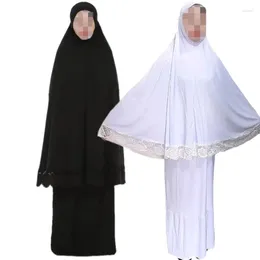 Ethnic Clothing Solid Color Muslim Women Abaya Dress Ramdadn Khimar Burqa Robe Arab Modest Islamic Prayer Gown 2PCS Outfits