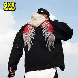 Men's Jackets Men Brand Black Hole Distressed Denim Jackets Mens High Street Wing Embroidery Jeans Jacket Coat Men Hip Hop Streetwear GW359 YQ231025