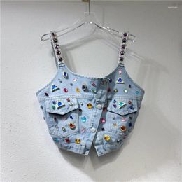 Women's Tanks Girl Sexy Retro Cross Denim Camisole Women Outer Wear Beads Colorful Diamond Short Sleeveless Vest Tank Top