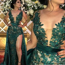 Arabic Aso Ebi Dark Green Long Mermaid Prom Dresses With Detachable Train Sexy Scoop Neck High Split Embroidery Lace Special Occasion Evening Gowns Vestidos CL2818