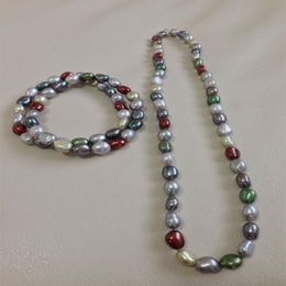 Hand made natural beautiful multicolor 8-9mm baroque freshwater cultured pearl necklace 18 bracelet set fashion jewelry2504