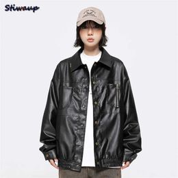 Jackets Women's Black Leather PU Turndown Collar Vintage Waterproof Jackets and American Retro Couple Coats for Womens YQ231025