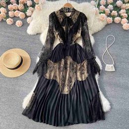 Basic Casual Dresses Elegant Women Vintage Lace Bow Neck Dress Robe Spring Summer Femme Long Sleeve OL High Waist Crimp Party YQ231025