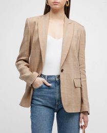 Women's Suits A LC Women Blazer Spring/Autumn Coat Suit Jacket Light Brown Casual Elegant Classic Vintage Plaid Linen V-Neck Office Lady