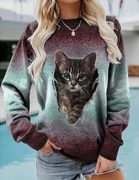 Women's Hoodies Long Sleeve T-Shirt Sweater Pullover Fashion Kitten Print Tshirt Girls Ladies Street Clothes O-Neck Sweatershirt