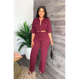 Clothing Summer Women Shirt Crop Tops Empire Pant Suits Sets Half Sleeve Blouse Straight Wide Leg Two Piece Set Outfits