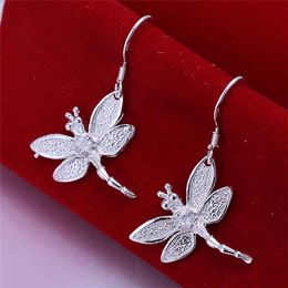 women's sterling silver plated Stone Dragonfly Charm earrings GSSE009 fashion 925 silver plate earring Jewellery gift3041