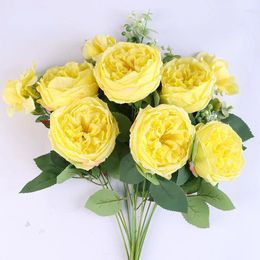 Decorative Flowers Artificial Mansa Rose Bouquet Silk Fake Flower Home Simulation Yellow White Roses Flroal Bedroom Decoration