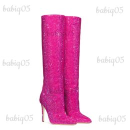 Boots 2023 Black Pink Silver Rhinestone Knee High Boots for Women Designer Stilettos Heels Sexy Wedding Autumn Winter Boots Shoes T231025
