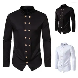 Men's Casual Shirts Long Sleeve Men Stand Collar Top Shirt Double Breasted Man Soild Style Clothing