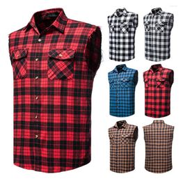 Men's Vests 2023 Casual Plaid Shirt Sleeveless Double Pocket Cowboy Button Down Shirts Men Cotton Plus Size Vest Chequered Top